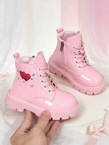 1 Pair White Student Boots, Mirror PU + Double Heart Decor, Round Toe Elastic Soft Sole Inner Zipper Design, Cute Fashion Fairy Style Ankle Boots, Suitable For Daily Campus Festivals, Autumn/Winter New - Pink - View 7