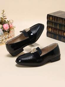 1 Pair New Boys' Leopard Head Decor Oxford Shoes, Fashionable Versatile British Style Shiny Formal Shoes Suitable For All Seasons - Black - View 8