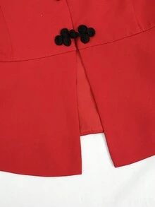 Women's V-Neck Frog Button Ruffle Trim Jacket, Long Sleeve Slim Fit Cropped Outerwear - Red - View 8