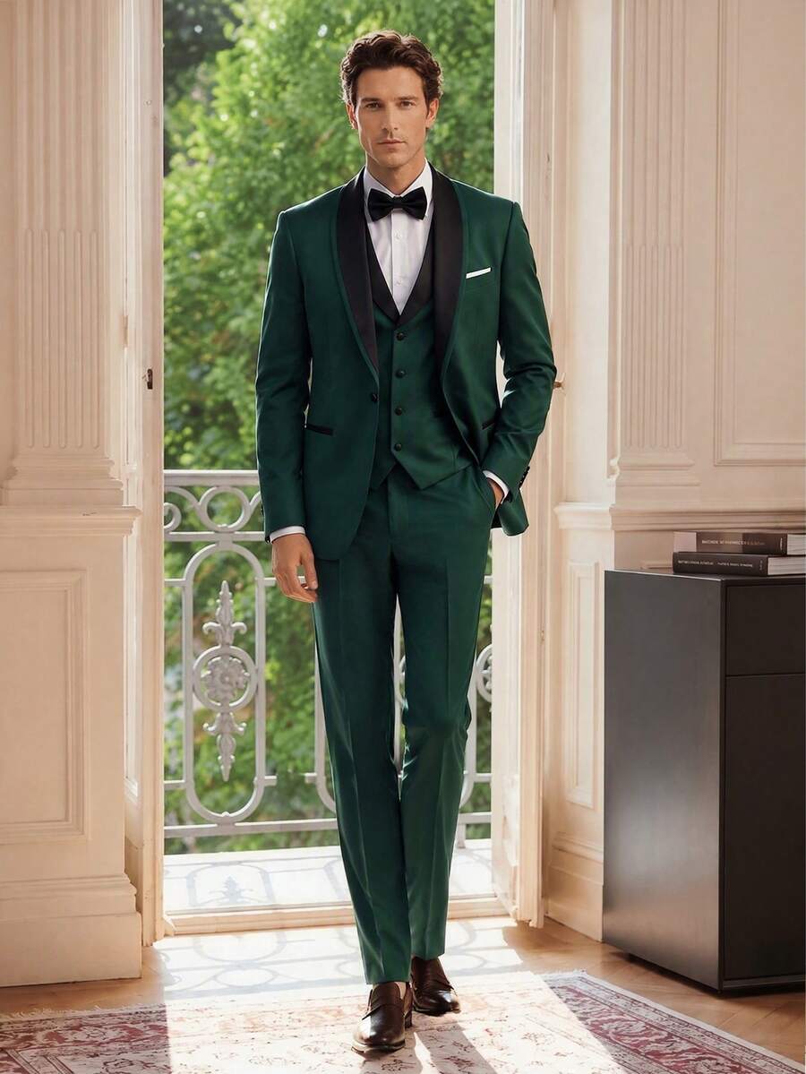 Officeau Men's 3pcs Army Green Colorblock Shawl Collar Luxury Suits, Blazer& Vest& Trousers, Tuxedos For Wedding/ Evening/ Prom/ Party