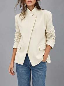 HUTENER Blazer femme automne/hiver, blazer asymétrique à boutons devant, couleur unie, manches longues, poches à rabat, tenue de bureau élégante et décontractée, vêtements élégants pour femmes, tenue d'automne pour femmes - Jaune clair - Voir 2