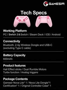 GameSir Nova Lite Gamepad For PC Compatible With Switch 2/1 Steam Android IOS Mobile Phone Windows With Original Controller Protective Case Hall Effect Joysticks Wireless Gaming Controle 2 Rumble Vibration Motors Turbo Function - Pink - View 12