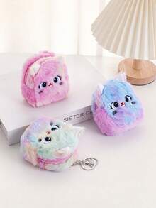 1pc Children's Cartoon Cat Embroidery Pattern Tie-Dye Plush Material Mini Storage Function Cute Style Coin Purse Keychain Suitable For Daily Travel, Holiday Gifts - Multicolor - View 3
