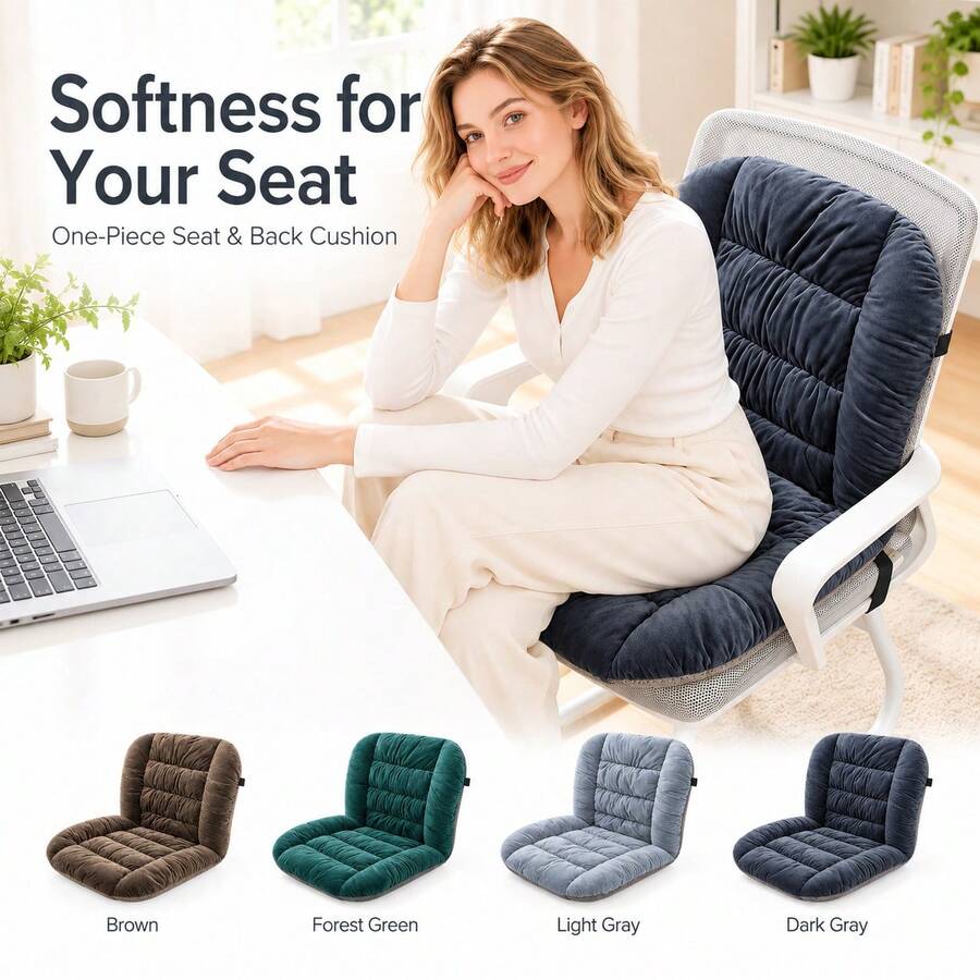 1pc Grey Thickened Integrated Backrest Seat Cushion, Solid Color Quilted Chair Pad, Suitable For Office Chair, Computer Chair And Home Seating, Chair Not Included - Light Grey - View 1