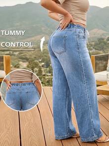 Plus Size Women's Straight Leg Jeans, High Waist Drawstring Loose Fit, Casual Autumn Outfit, Suitable For Dating, Dancing, Vacation And Party - Blue - View 7
