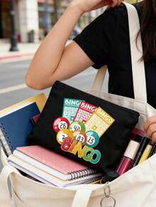Bingo Letter Print Travel Toiletry Bag, Colorful Ribbon Decor, Cartoon Fun Multi-Function Canvas Bag, Charger Storage Bag, Travel Makeup Essentials Bag: Women's Travel Essentials Bag, Unisex Zipper Bag, Lightweight Travel - Multicolor - View 4