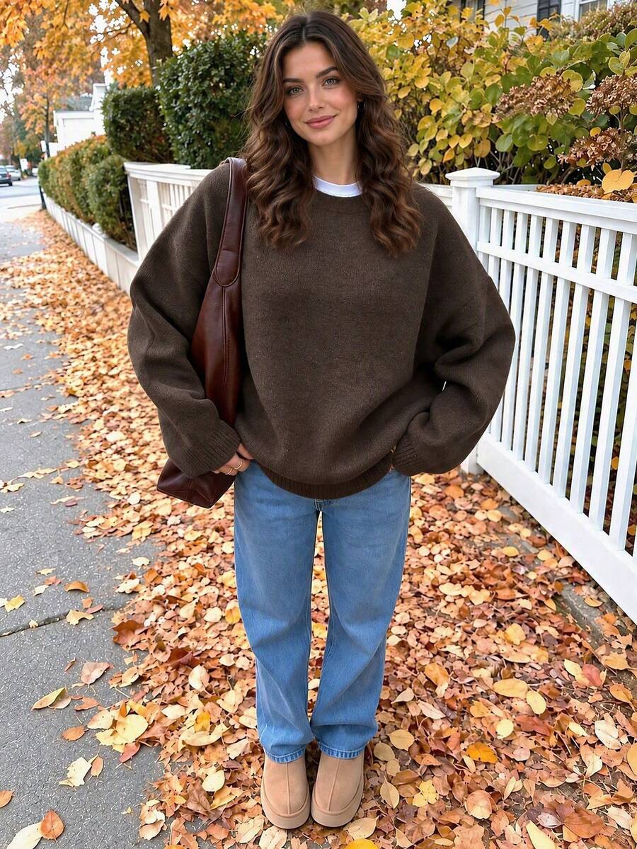 FOR BEAUTY Women's Y2K Solid Color Round Neck Loose Long Sleeve Knit Sweater, Elegant Casual Minimalist Style, Suitable For Commuting, Shopping And Outdoor Wear