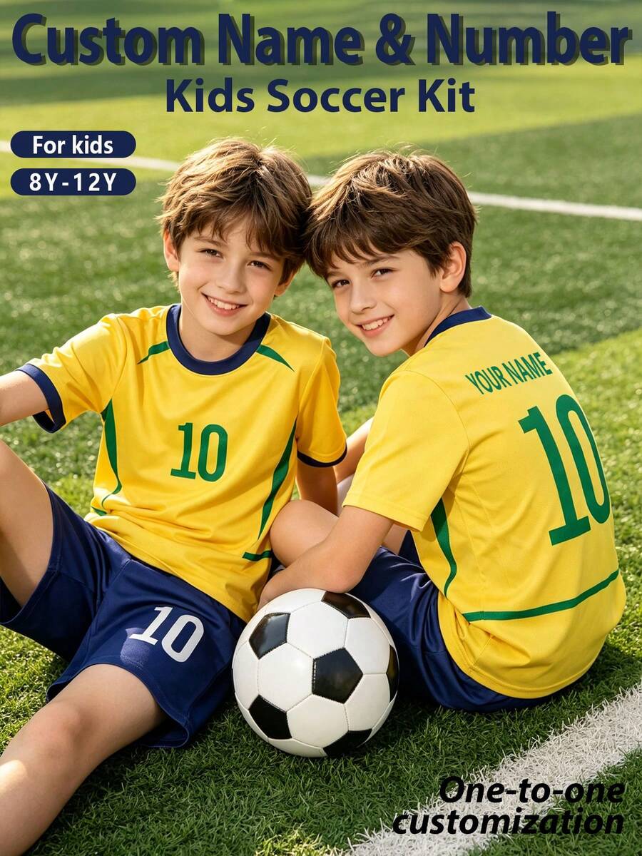 Children's Sports Jersey With Burn-Out Design, Customizable Name Football Uniform Set, #10 Star Player Style, Boys & Girls Short Sleeve & Shorts 2 Pieces Set