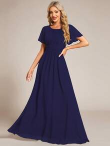 EVERPRETTY Gaun Bridesmaid Chiffon Biru Tua yang Elegan, Gaun Panjang Anggun dengan Detail Kerut di Bagian Dada dan Lengan Pendek Berumbai, Cocok untuk Acara Formal - Navy Blue - View 5