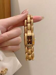 1件女款金色石英手錶，寬錶帶，深紅色錶盤，鑲鑽刻度，適合日常穿著與派對 - 金色 - 查看 4