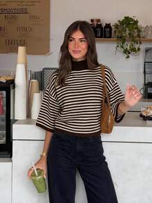 Women's Autumn New Color Block Striped Turtleneck Knit Sweater, Casual, College Style, Commuting - Dark Coffee - View 1