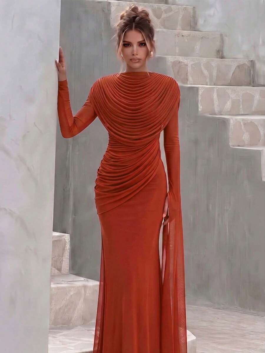 Solid Color Elegant Spliced Mesh Draped Evening Gown For Party And Formal Dinner - Rust Brown - View 1