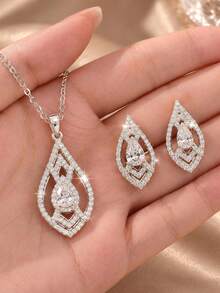1pc Necklace 1 Pair Earrings Teardrop Rhinestone Jewelry Set Women Sparkling Elegant Wedding Party Statement Gift - Multicolor - View 7