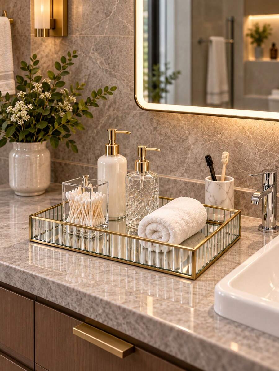1pc Luxury Gold Iron Frame Striped Glass Storage Tray, Mirrored Base Bathroom Vanity Organizer, Suitable For Skincare, Perfume, Cosmetics And Home Decor - Multicolor - View 1