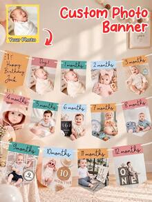Personalized 1st Birthday Photo Banner, Customized Name Monthly Milestone Hanging Flag, Growth Timeline Banner, 1st Birthday Party Backdrop Decoration, Customized Photo Birthday Gift, Party Photo Booth And Celebration Wall Hanging Garland - Multicolor - View 2