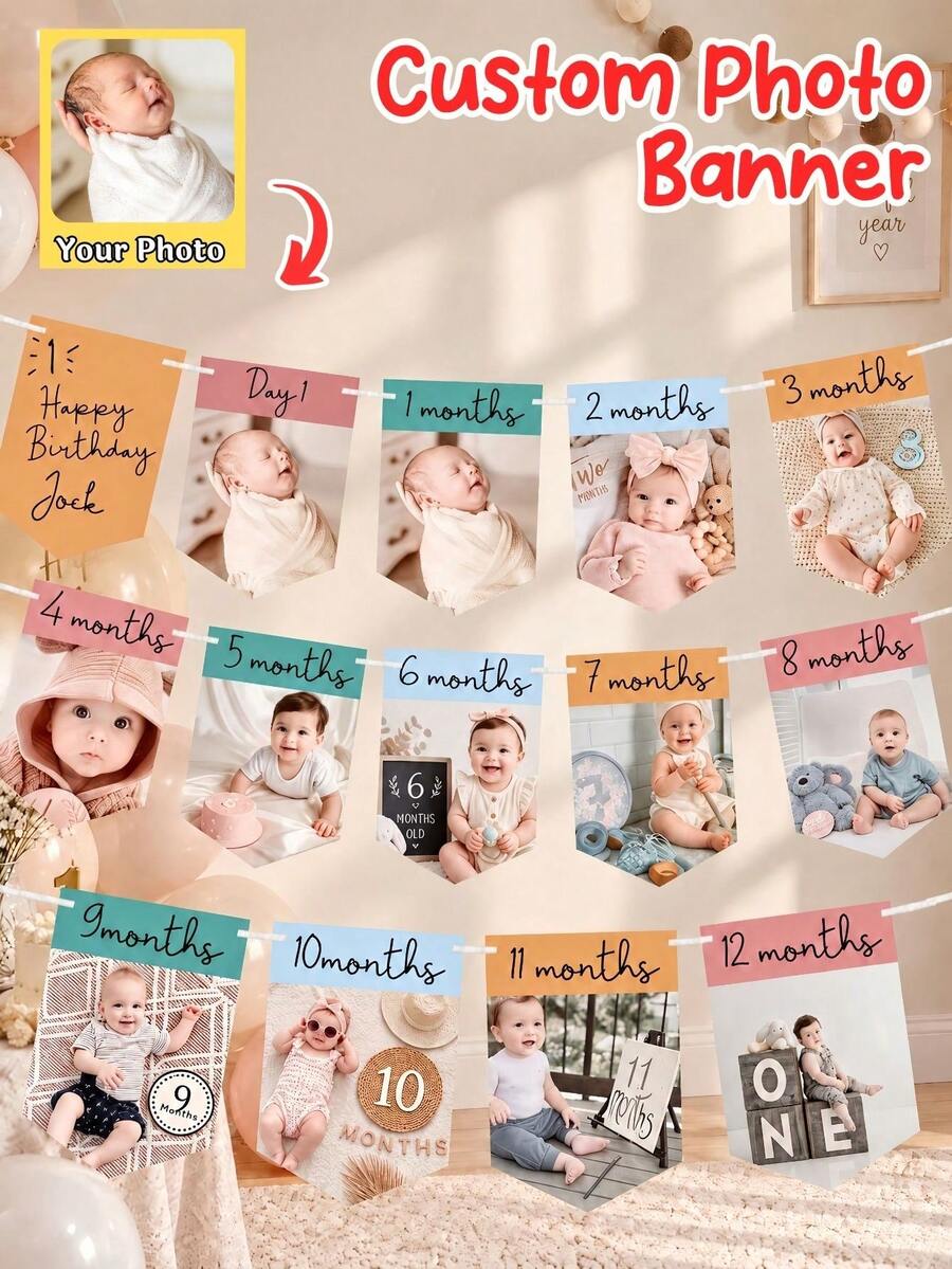 Personalized 1st Birthday Photo Banner, Customized Name Monthly Milestone Hanging Flag, Growth Timeline Banner, 1st Birthday Party Backdrop Decoration, Customized Photo Birthday Gift, Party Photo Booth And Celebration Wall Hanging Garland