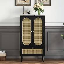WF316082BAA)Compact Sideboard (1.1 M), Rattan Design, Black, 2 Doors, 1 Drawer, Display Cabinet, Dining Room Cabinet, Shelving, - Versatile Storage Solutions - Black - View 1