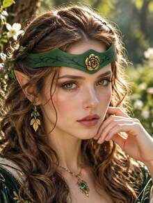 1pc Green PU Leather Elf Headband, Gold Rose Vine Crown Headpiece, Vine Pattern Forest Elf Head Crown, Medieval Renaissance LARP Cosplay Halloween Costume Accessory - TD - View 7