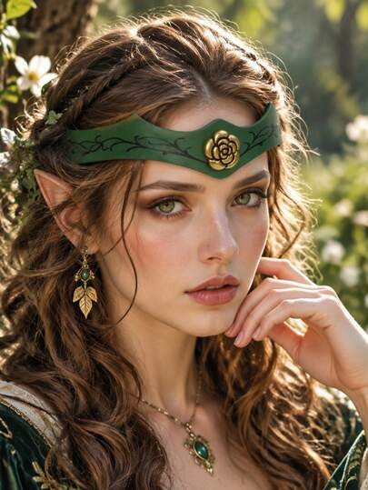 1pc Green PU Leather Elf Headband, Gold Rose Vine Crown Headpiece, Vine Pattern Forest Elf Head Crown, Medieval Renaissance LARP Cosplay Halloween Costume Accessory