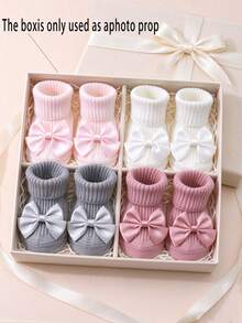 4 Pairs Baby Girls' Cotton Bowknot Decor Non-Slip Mid-Calf Socks, Suitable For Toddlers Indoor Wear On Floors, All Seasons - Multicolor - View 9