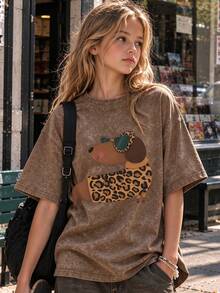 Tween Girl Printed Pullover Washed Short Sleeve T-Shirt, Student Youth Children's Clothing, Summer Top For Girls Ready To Play - Mocha Brown - View 4