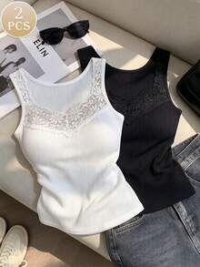 2pcs/Pack French Floral Lace Trim V-Neck Ribbed Camisole, Slim Fit Spaghetti Strap Sleeveless Tank Top, Women's Basic Layering Innerwear, Suitable For Daily Wear - Multicolor - View 1