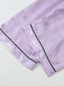 2 Pieces Satin Striped Pajama Set, Sweet & Cute Lapel Button-Up Long Sleeve Top And Pants, Women's Sleepwear And Loungewear For Home Use - Purple - View 8