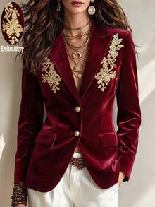 Women's Autumn/Winter Elegant Commute Holiday High-Quality Composite Velvet Fabric Single-Breasted Gold Thread Embroidered Fitted Long Sleeve Blazer - Burgundy - View 3