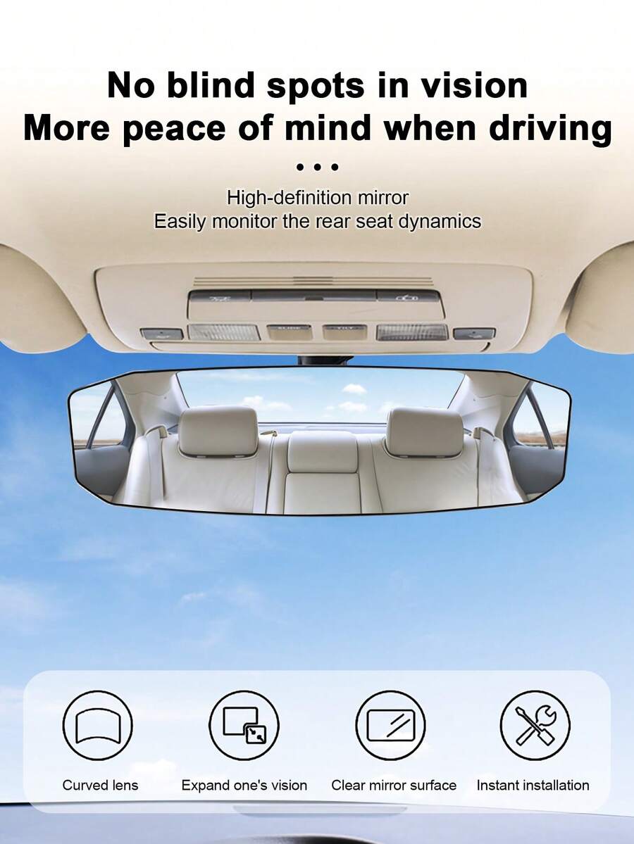Car Wide View Anti-Glare Rearview Mirror, Wide Angle Curved Rearview Mirror, Reduces Blind Spots For Reversing, Interior Car Rearview Mirror - A - View 1