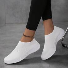 Women's Slip-On Lightweight Comfy White Flat Loafers, Breathable Knit Casual Shoes - White - View 7