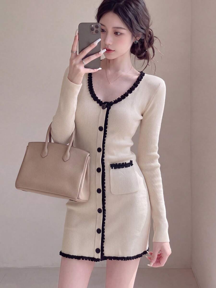 Women's Knitted Mini Sweater Dress, Lace Design, Long Sleeve Slim Fit, Fashionable Autumn/Winter Essential - Apricot - View 1