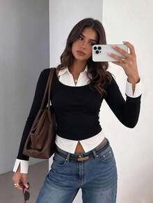 ملابس علوية نسائية كاجوال بياقة بولو وألوان متباينة 2 في 1، بتصميم لايبل ورقعات وأكمام طويلة بقصة ضيقة، طبقة أساسية عصرية متعددة الاستخدامات للخريف والشتاء - الأسود - مشاهدة 1