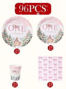 120件組「Winter ONEderland」主題一次性紙製餐具套裝，含7英吋與9英吋餐盤、杯子、餐巾紙與吸管，粉色雪景、聖誕樹、小屋、鹿與蝴蝶結設計，適合1歲生日派對、冬季慶祝、節日聚會及各種節慶桌面裝飾 - 多色2 - 查看 12