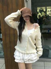 Cable Knit Button Front Sweater Cardigan, Ruffle Trim, Round Neck, Long Sleeves, Soft Warm Knit, Beige Fall/Winter Elegant Casual Layering Top - Apricot - View 1