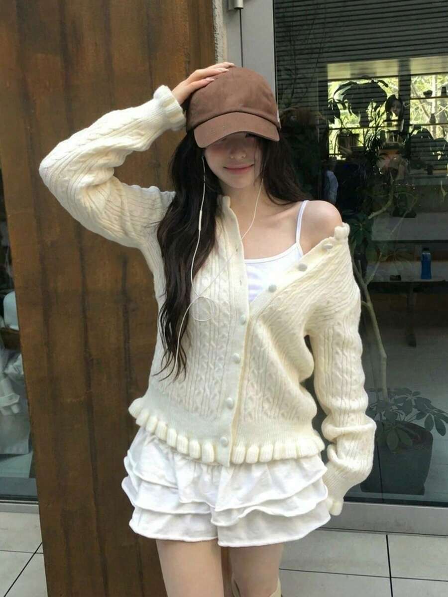 Cable Knit Button Front Sweater Cardigan, Ruffle Trim, Round Neck, Long Sleeves, Soft Warm Knit, Beige Fall/Winter Elegant Casual Layering Top - Apricot - View 1