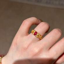 French Vintage Hollow Carved 18K Gold Plated Red Oval Zirconia Inlaid Open Ring For Women - Red - View 5
