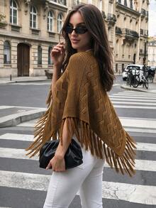 Autumn Brown Fringe Knit Poncho Cape For Women Wave Hollow Pattern Asymmetric Wrap Fall Clothes Elegant Casual Going Out Outfits - Brown - View 3