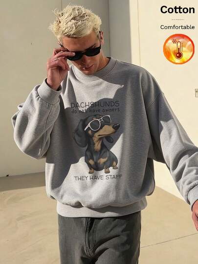 Autumn Winter Men's Fleece Crewneck Sweatshirt With Sunglass-Wearing Dachshund And "DACHSHUNDS Do Not Have Owners THEY HAVE STAFF" Print Y2K