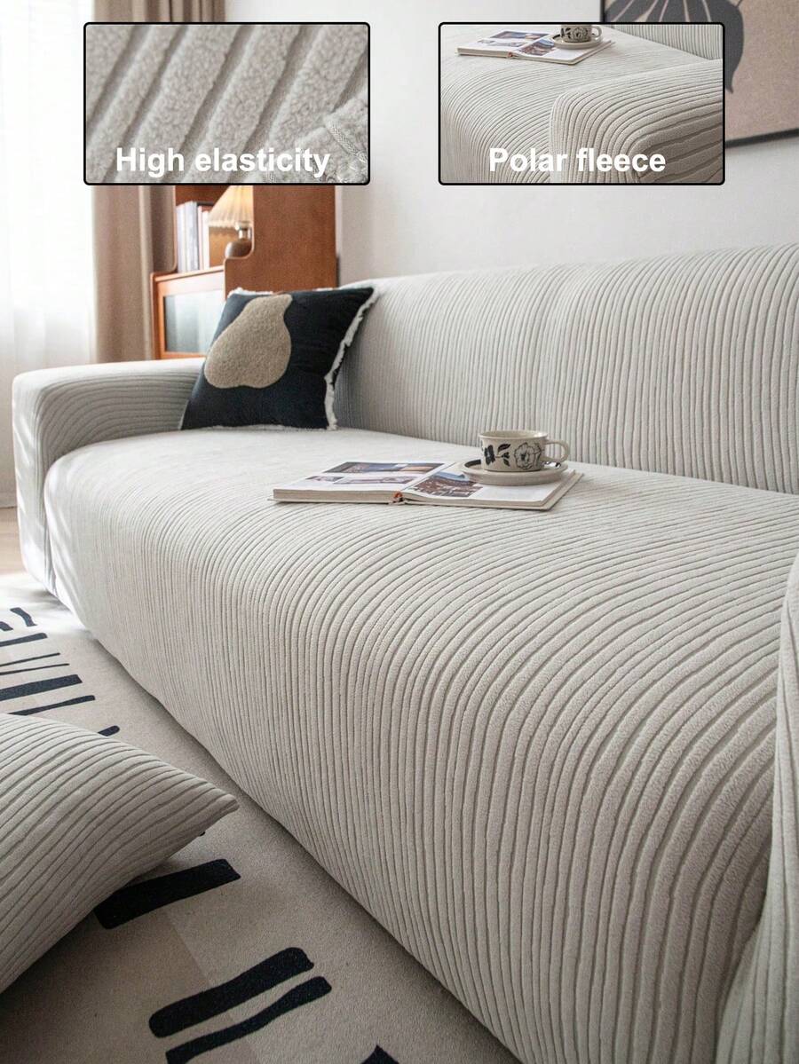 1pc Classic Elastic Fitted Sofa Cover, With T-Shaped Back Cushion Design, Machine Washable Polyester Fiber Dustproof Cover, With Antibacterial And Soft Properties, Suitable For Single Sofa, Double Sofa, 3-Seater Sofa And 4-Seater Sofa, Holiday Decoration - Light Grey - View 1