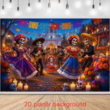 1pc 2D Flat Mexican Day Of The Dead Marigold Background Cloth, Polyester Material, Marigold And Skeleton Dance Design, Suitable For Day Of The Dead Memorial Party, Mexican Theme Event, Halloween Decoration And Party Setup - A - View 2