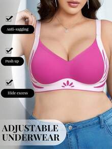 1pc Seamless Contrast Color Lift-Up Plus Size Wireless Push-Up Anti-Sagging Side-Boob Support Bra - Hot Pink - View 5