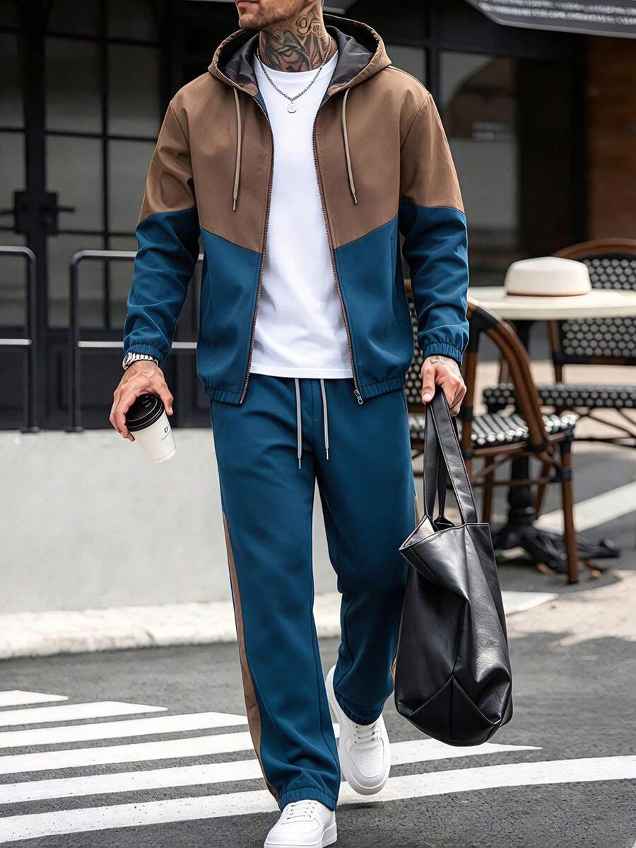 1 Set Men's Spring & Autumn Color Block Hooded Jacket Set, Fashion Casual Sweatpants Matching 2-Piece Outfit - Brown - View 1
