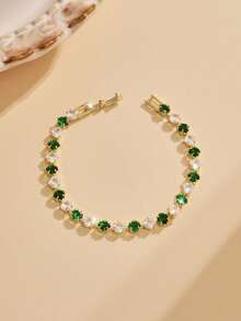 3pcs Luxury Gold-Tone Copper Women's Bracelet Set, Emerald Green Cubic Zirconia Inlaid, Stackable Tennis Chain Jewelry For Wedding, Party, Gift - Green - View 3