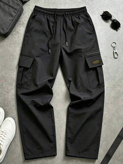Pantalones cargo deportivos largos para hombre, cintura elástica con cordón, diseño de múltiples bolsillos incorporados, negro para senderismo al aire libre