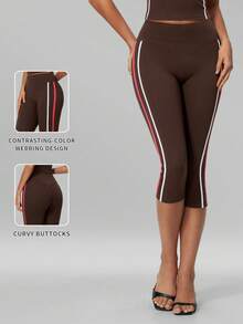 MFVIM Women's Autumn/Winter Colorblock Striped Sports Mid-Length Pants, Suitable For Daily Commute, Outdoor Jogging, Cycling, Yoga, Pilates, Gym Workout - Coffee Brown - View 3