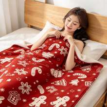 1PC Red Christmas Element Flannel Throw Blanket, Holiday Decor Blanket For Sofa Bedroom, Christmas Gift - Multicolor - View 5