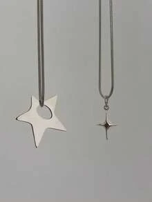 1pc/2pcs Punk Oversized Asymmetrical Hollow Star Pendant Stainless Steel Necklace, Men's Unisex Hip Hop Y2K Jewelry Necklace - Silver - View 1