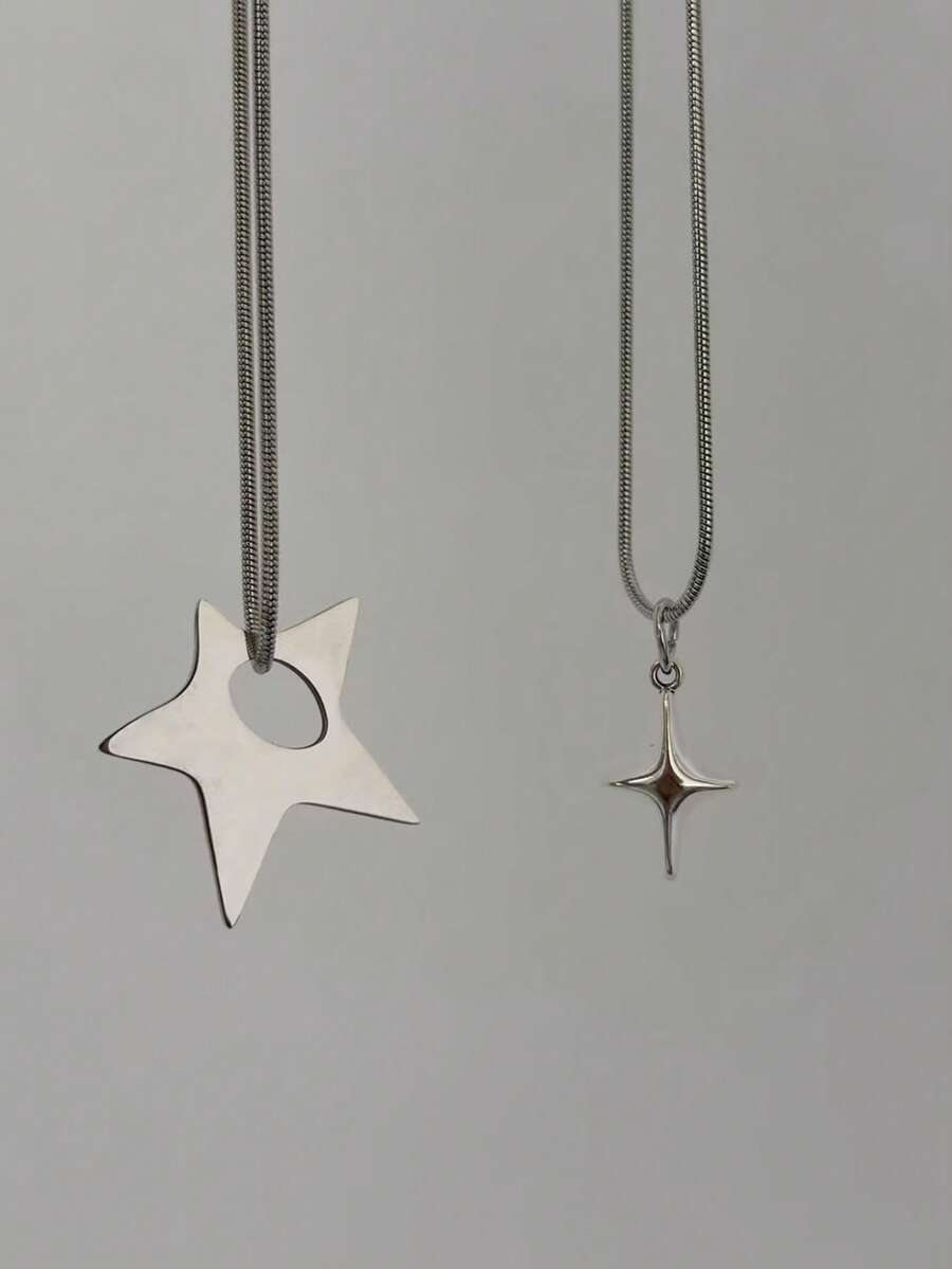 1pc/2pcs Punk Oversized Asymmetrical Hollow Star Pendant Stainless Steel Necklace, Men's Unisex Hip Hop Y2K Jewelry Necklace - Silver - View 1