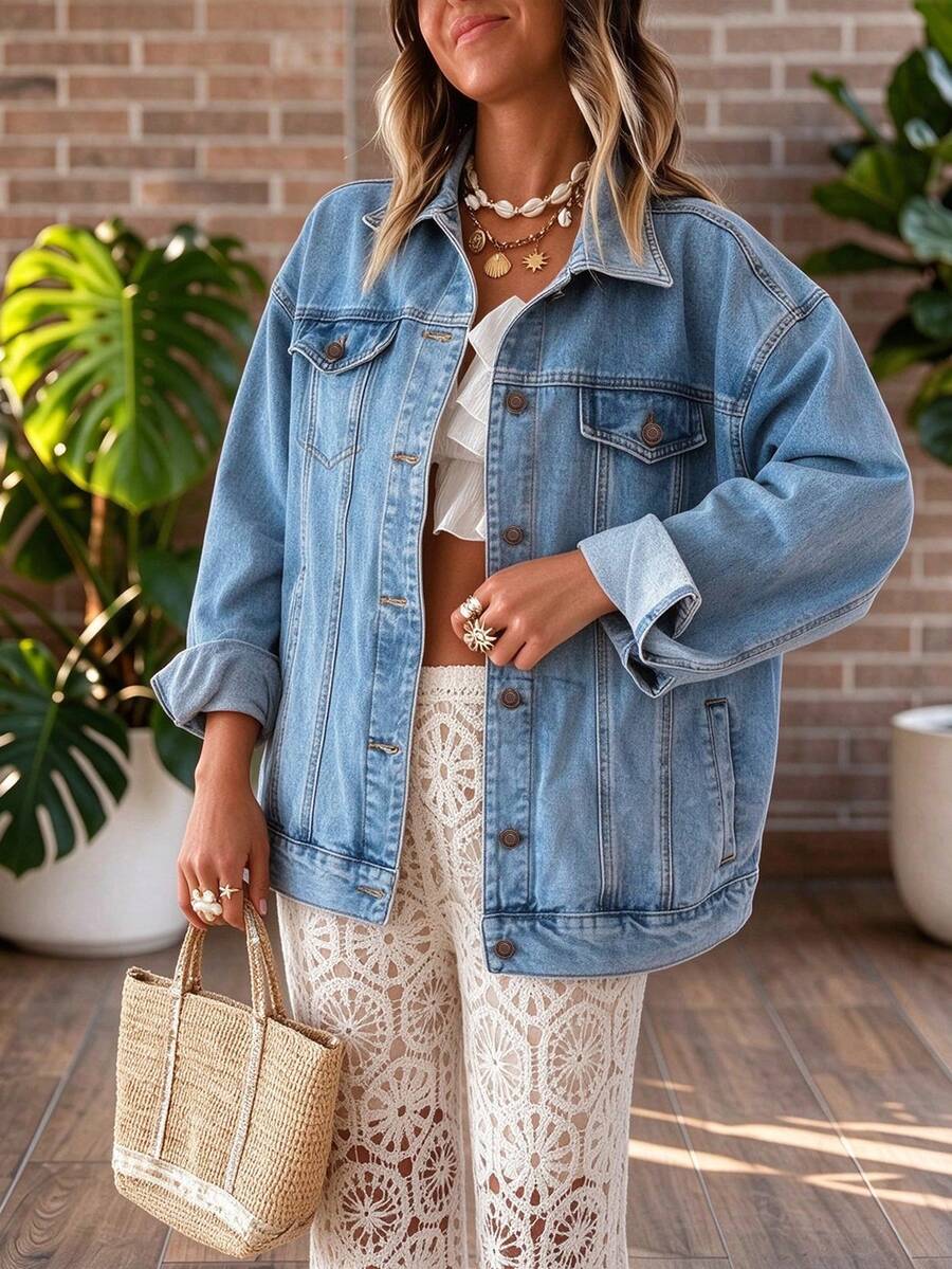 Women's Loose Denim Jacket Summer Casual Non-Stretch Vintage Acid Wash Boyfriend Style Trucker Jacket With Pockets - Blue - View 1