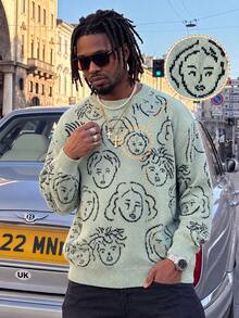 BLACKTOEXIT American Street Style Men's Crew Neck Sweater, Hand-Painted Portrait All-Over Print Jacquard, Loose Drop Shoulder Casual Knit Pullover - Green - View 2